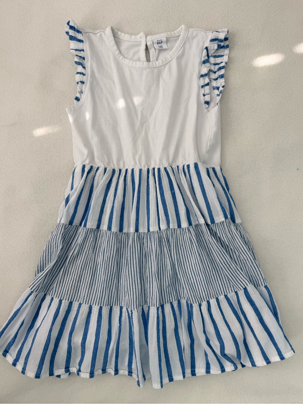 GAP White and Blue Striped Ruffle Sleeve Dress